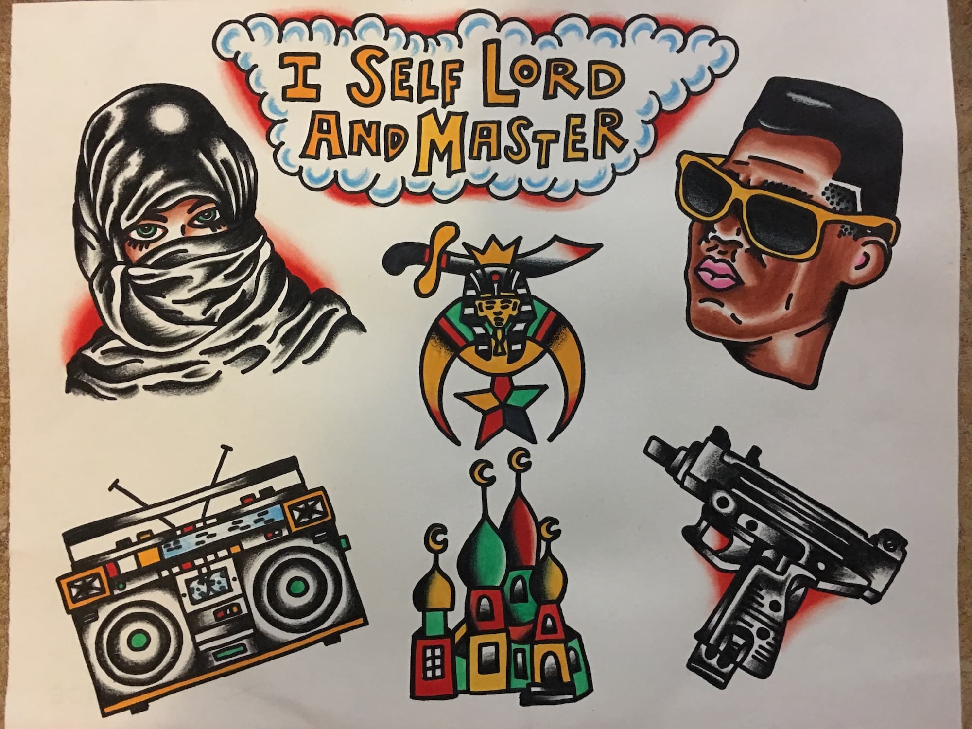 Hand painted tattoo art of boombox, gun, lady and guy