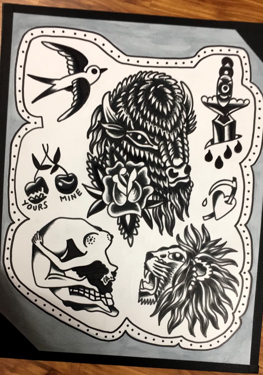 Hand painted tattoo art of buffalo, dagger, lady and bird