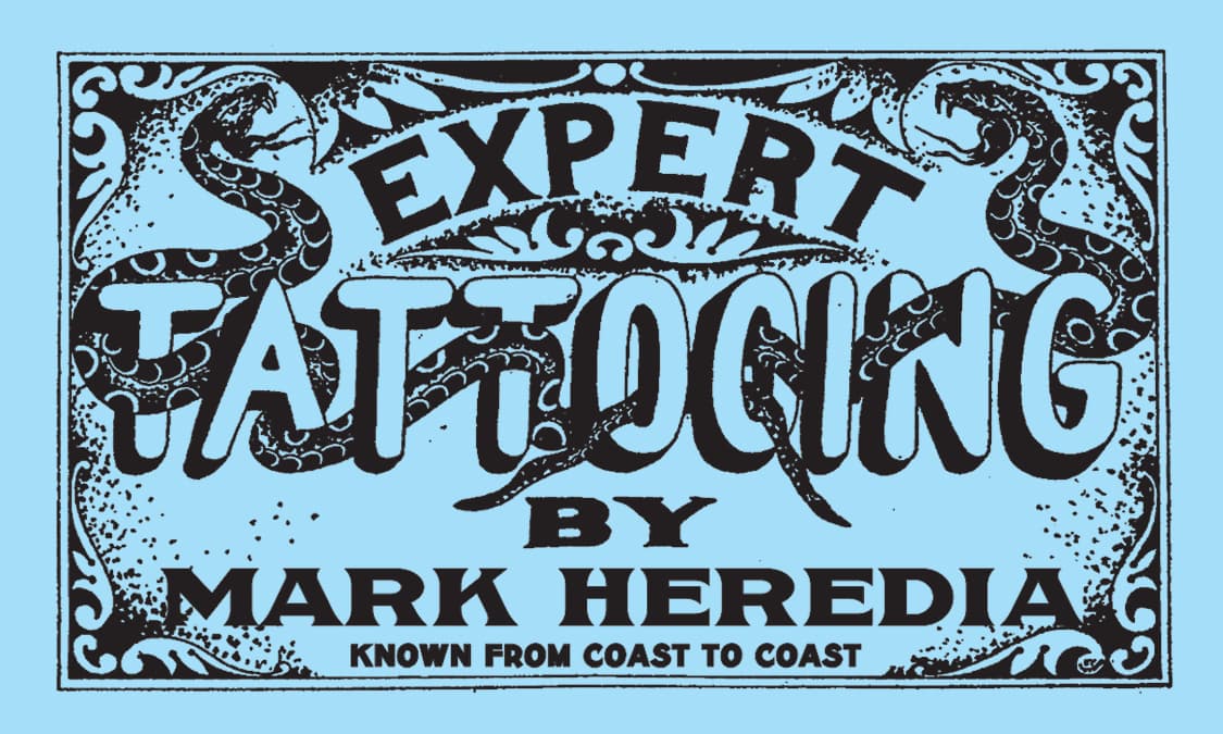 Hand painted tattoo art of Mark Heredia business card