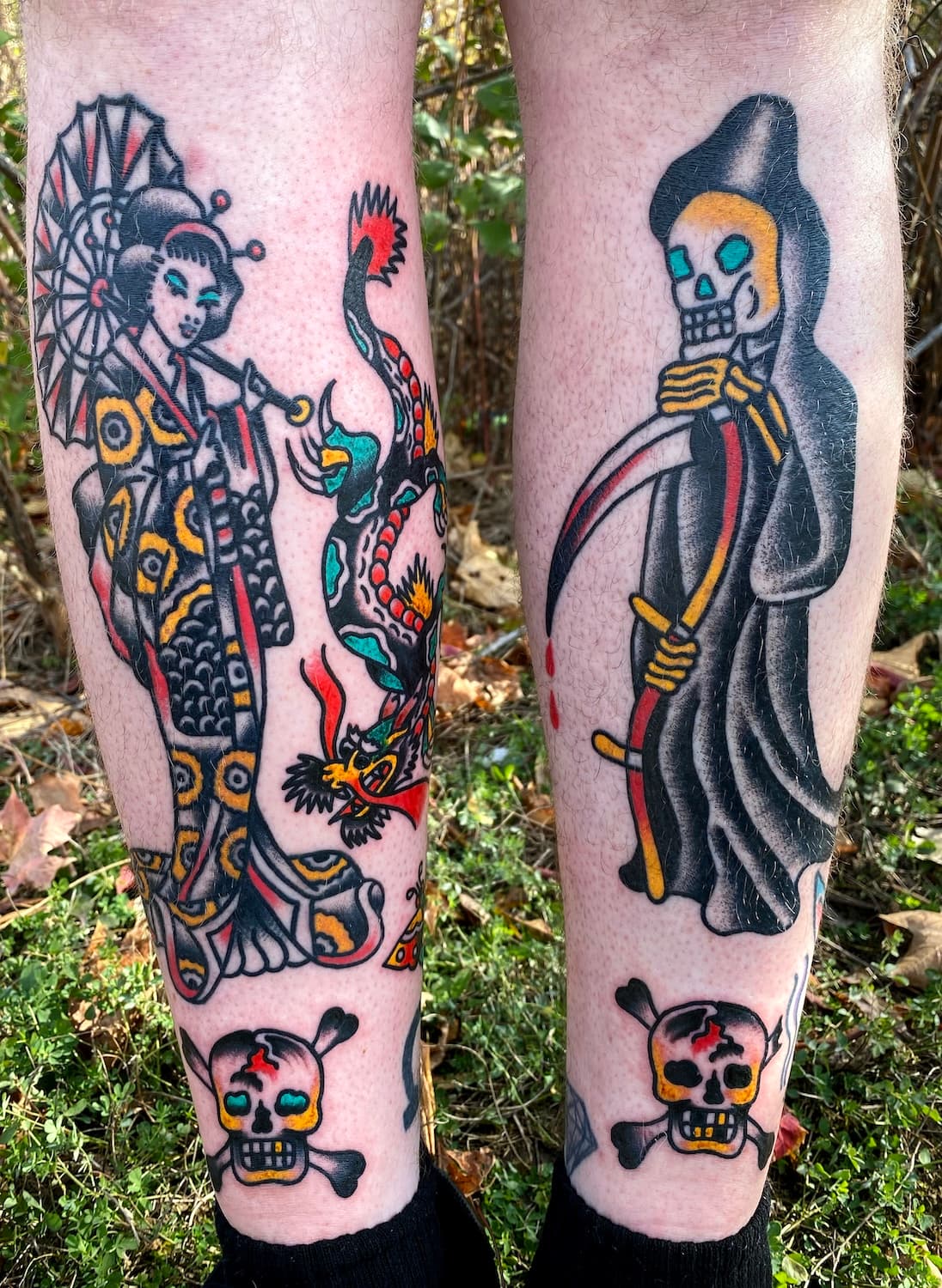 Tattoo of reaper on back of leg