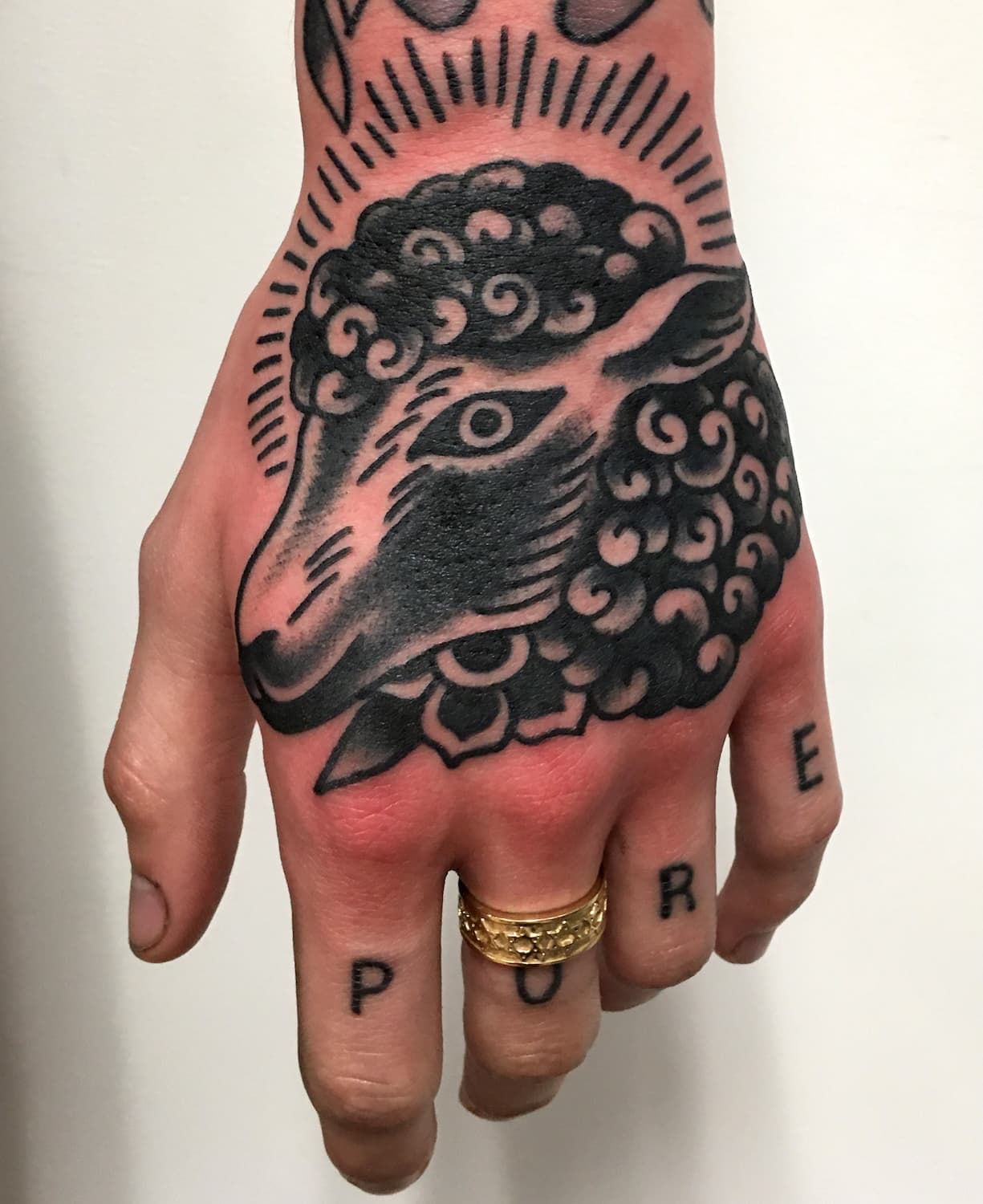 Tattoo of sheep head on top of hand