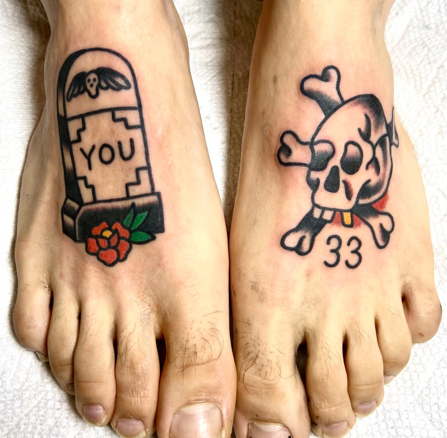 Tattoo of tombstone and skull on feet